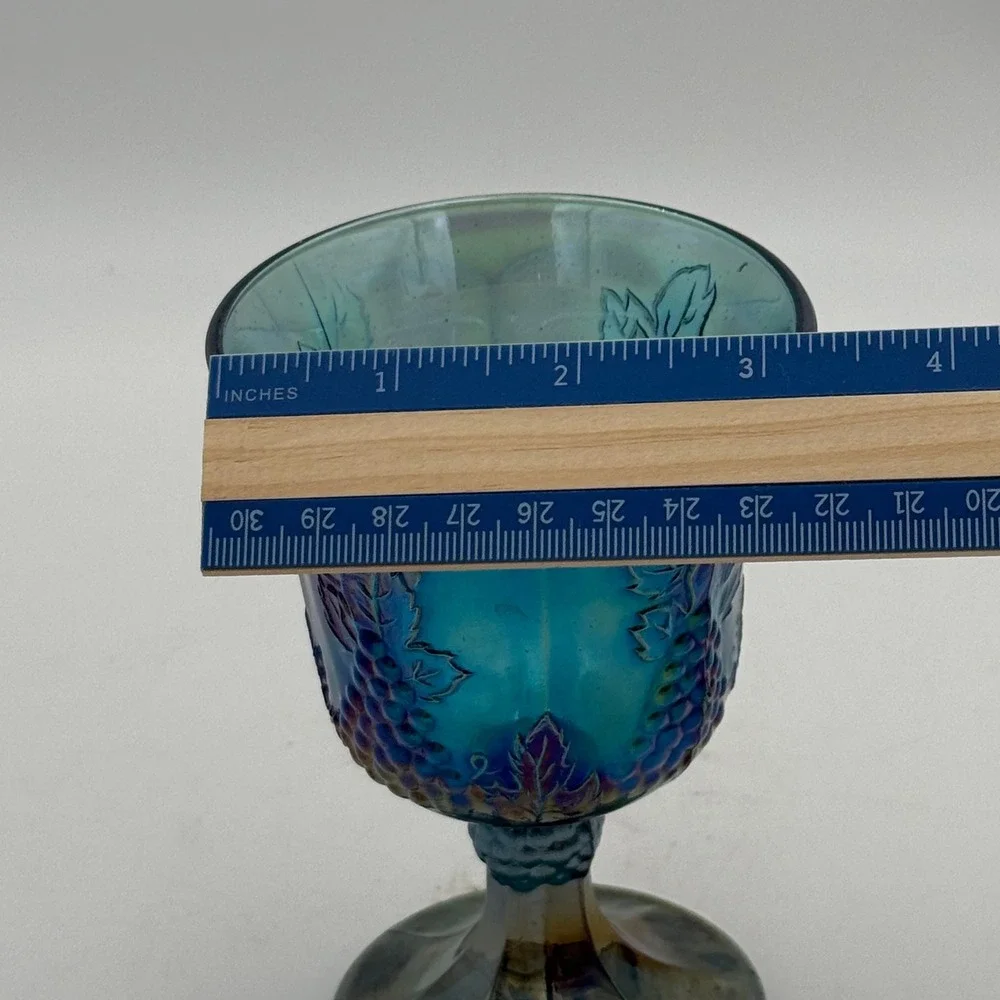 Vintage Blue Carnival Glass Grape Leaf Embossed Goblet Iridescent Water Wine Cup